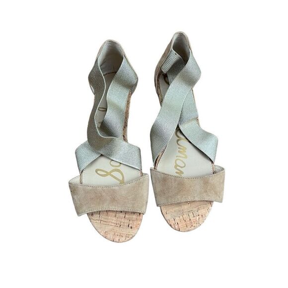 Sam Edelman Women's Sandals Declan Beige Gold Low Wedge Strappy - Picture 1 of 8